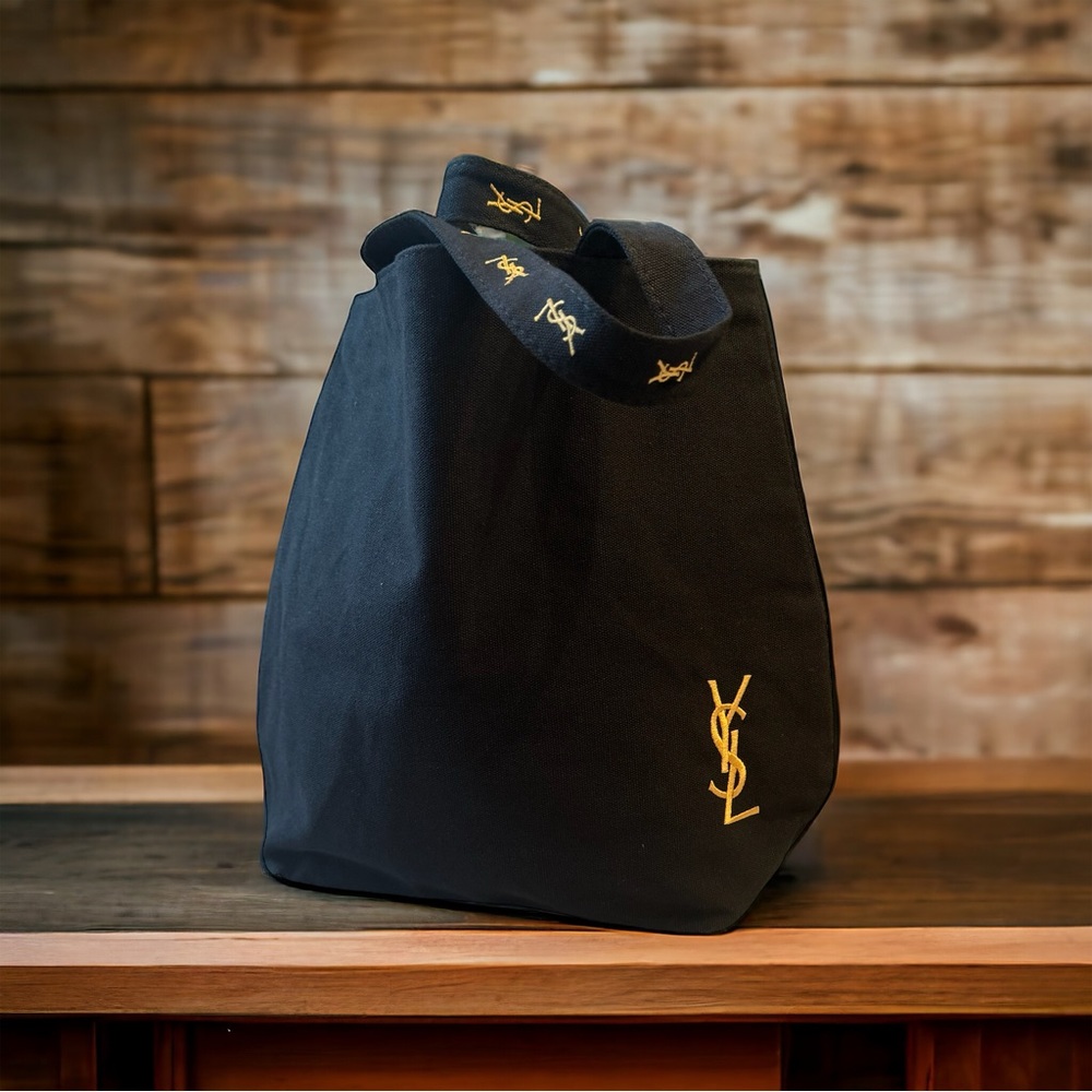 YSL parfume novelty bag black canvas with gold embroidered brand new
